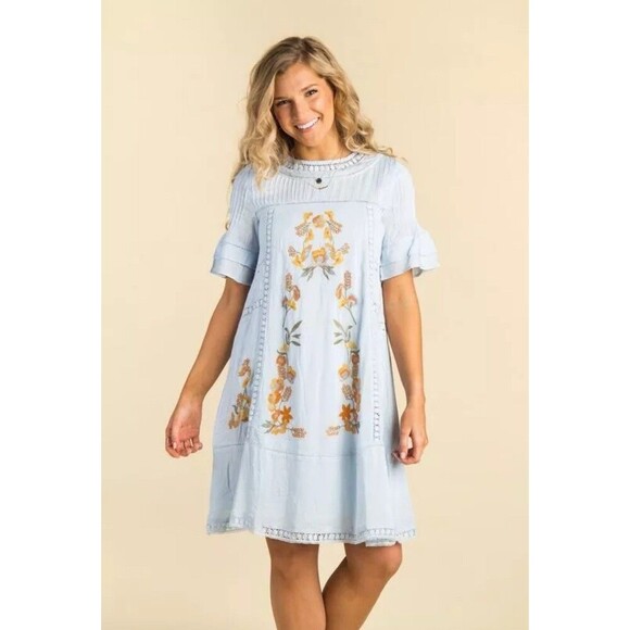 Brass & Roe Embroidered Blue Yellow Orange Lace Floral Boho Mini Dress Size XS - Picture 1 of 7